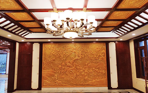隆化中式别墅客厅中式木作横梁吊顶装饰展示